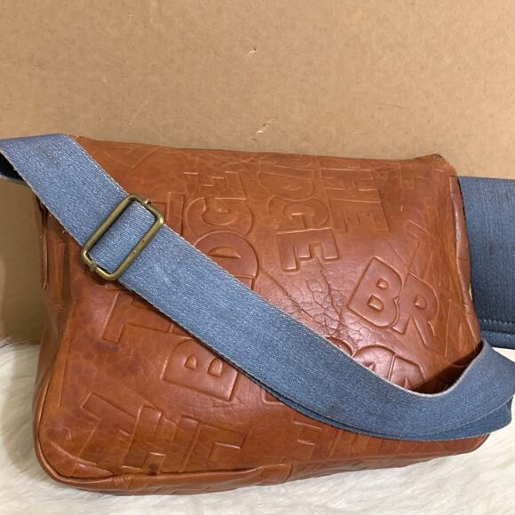 THE BRIDGE Brown Logo-Embossed Leather Vintage Saddle Messenger Bag w/Denim Trim - Picture 12 of 16